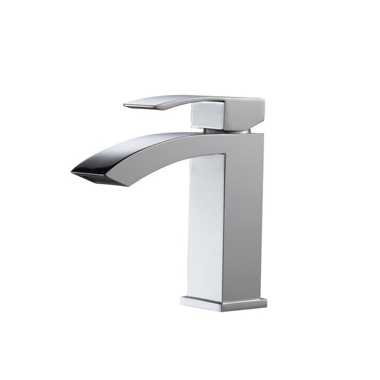 A polished chrome bathroom vanity faucet with a single lever and a modern design.