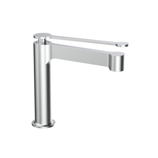 A polished chrome finish single lever bathroom vanity faucet with a sleek modern design.
