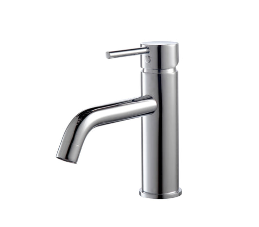 A polished chrome bathroom vanity faucet with a single lever and a modern design.