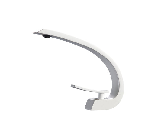 A matte white single lever wide spread bathroom vanity faucet with a sleek design.