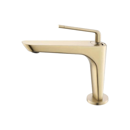 A single lever bathroom vanity faucet with a brushed gold finish.