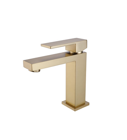 A single lever bathroom vanity faucet with a brushed gold finish.