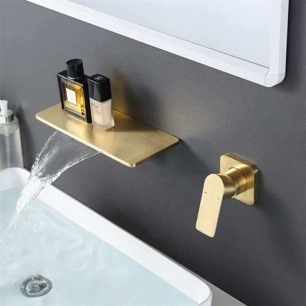 Aqua Flusso by KubeBath Wall Mount Widespread Waterfall Faucet Brushed Gold