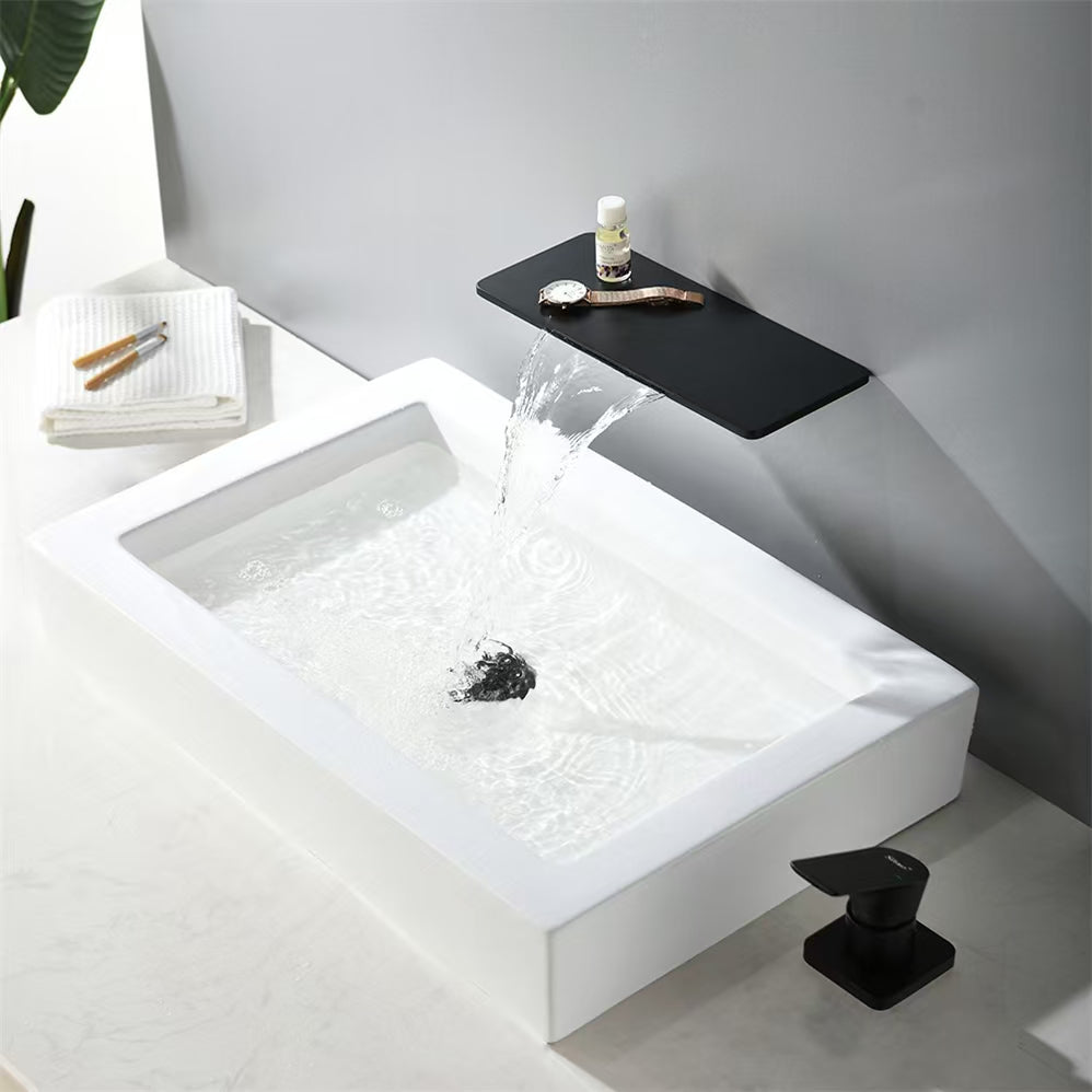 Aqua Flusso by KubeBath Wall Mount Widespread Waterfall Faucet Black