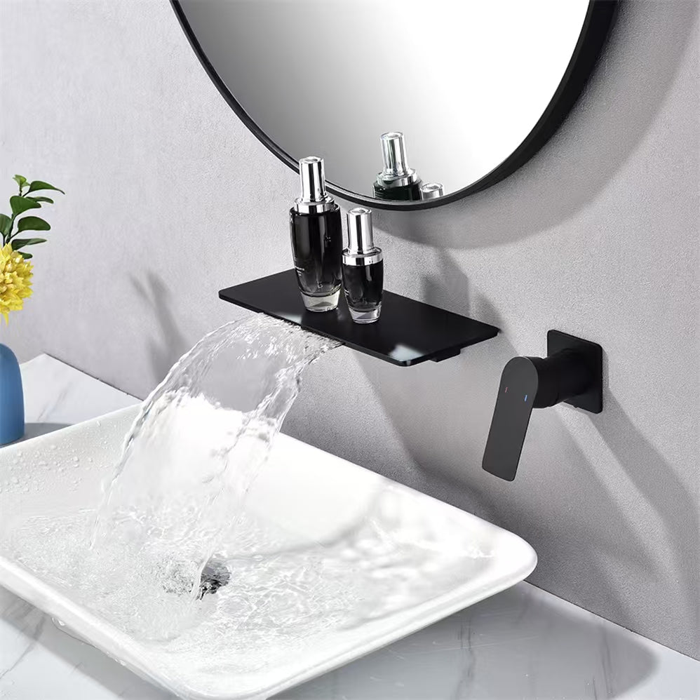Aqua Flusso by KubeBath Wall Mount Widespread Waterfall Faucet Black
