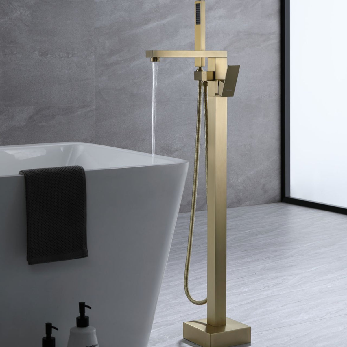 Aqua Squadra Floor Mounted Soaker Tub Faucet Brushed Gold
