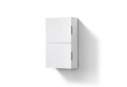 A high gloss white bathroom linen side cabinet with two storage areas, closed and positioned against a white background.
