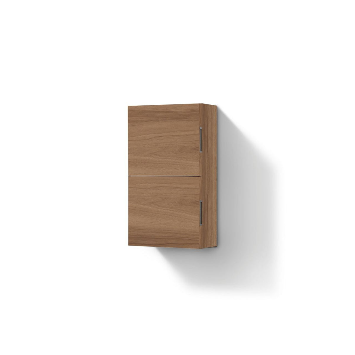 A honey oak bathroom linen side cabinet with two storage areas and European soft-closing hardware.