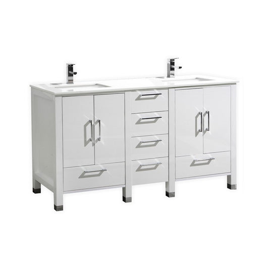 Anziano 60" High Gloss White Double Sink Vanity w/ Quartz Countertop