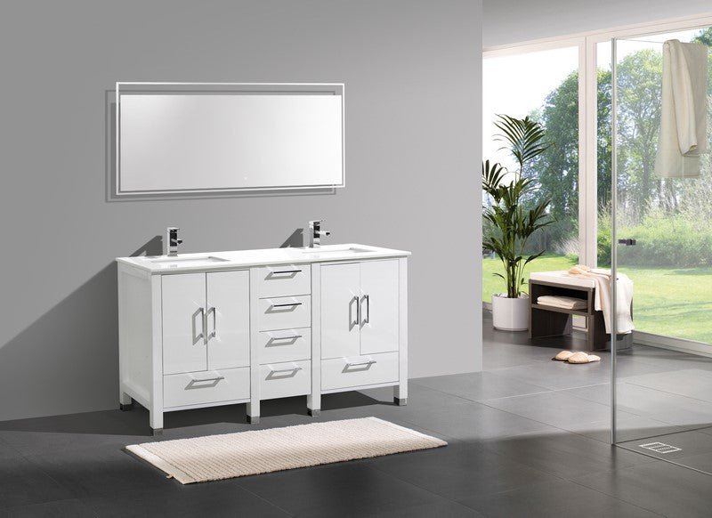 Anziano 60" High Gloss White Double Sink Vanity w/ Quartz Countertop