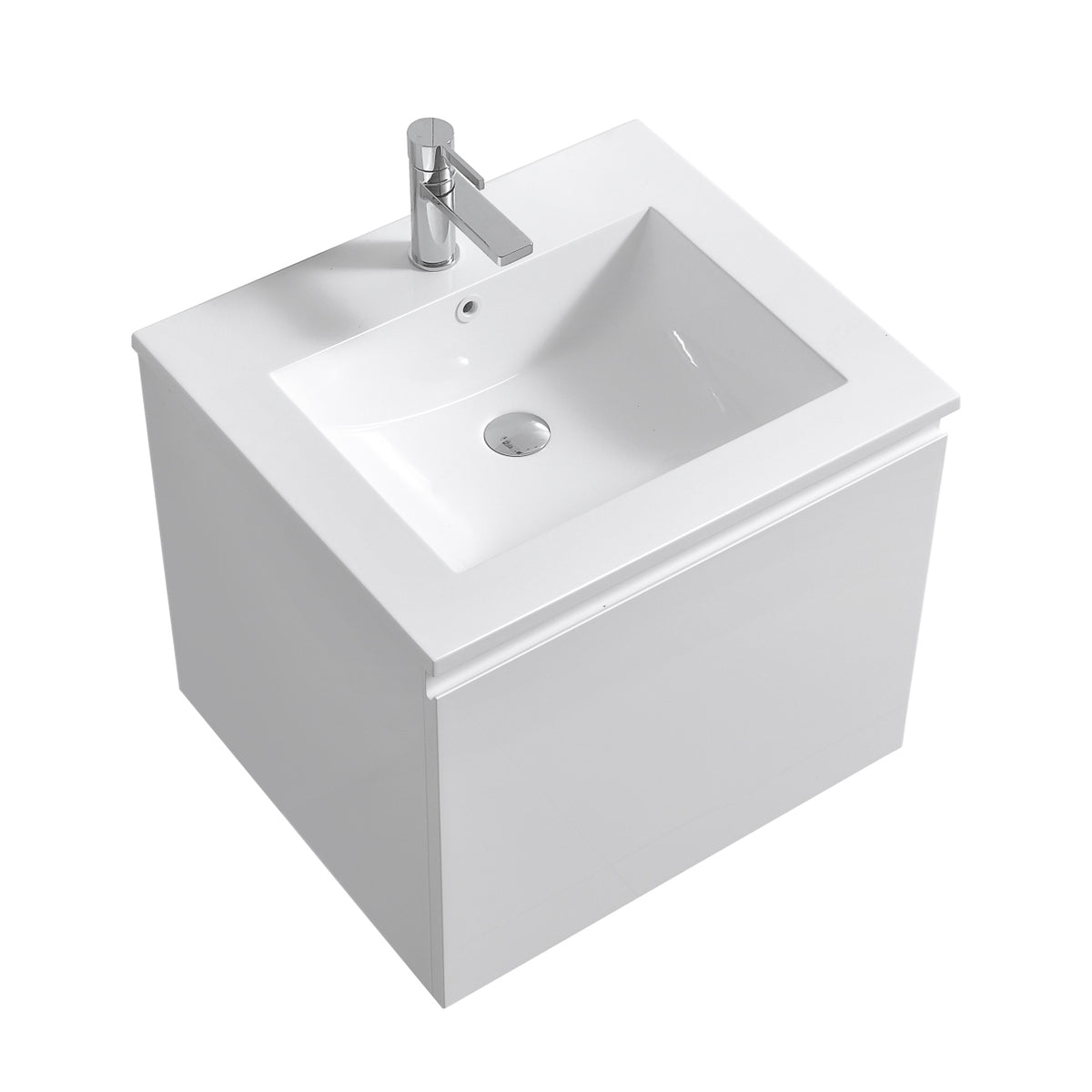 A gloss white wall-mounted bathroom vanity with a reinforced acrylic composite sink, depicted without mirrors, faucets, or pop-up drains.