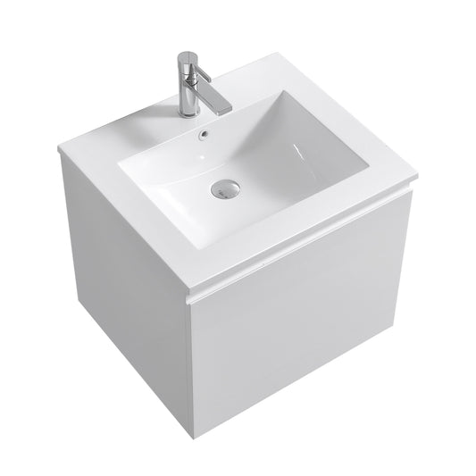 A gloss white wall-mounted bathroom vanity with a reinforced acrylic composite sink, depicted without mirrors, faucets, or pop-up drains.