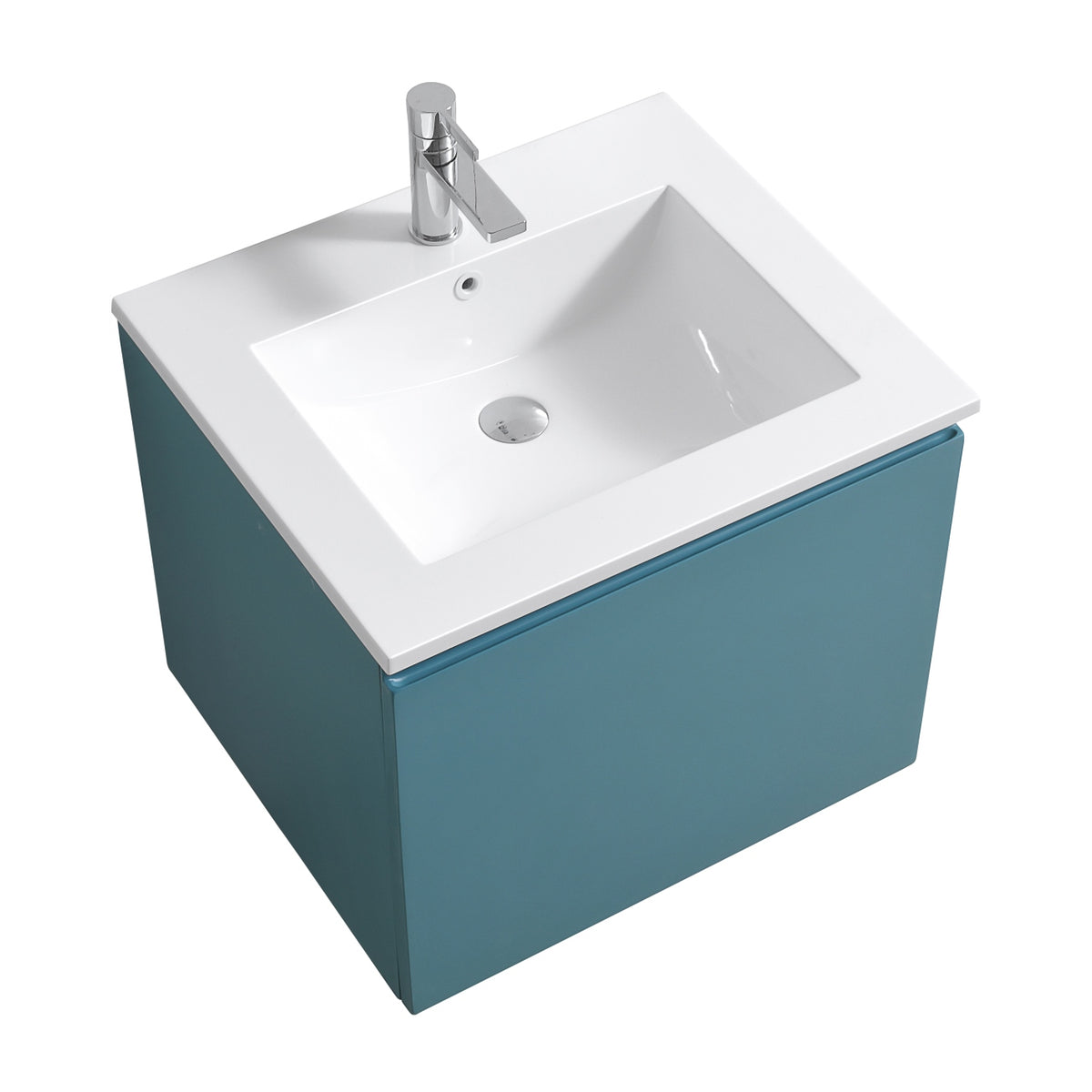 A teal green wall-mounted bathroom vanity with a white integrated sink, depicted without mirrors, faucets, or pop-up drains.