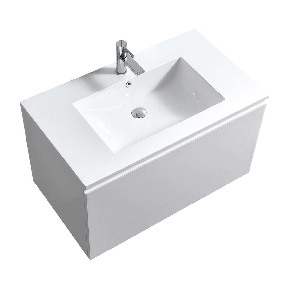 A modern white wall-mounted bathroom vanity with a reinforced acrylic composite sink and two drawers, depicted without handles.