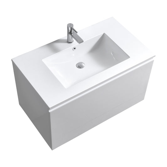 A modern white wall-mounted bathroom vanity with a reinforced acrylic composite sink and two drawers, depicted without handles.