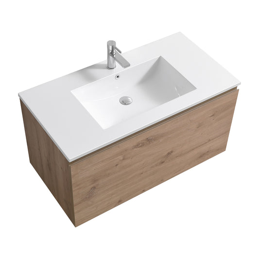 A modern wall mount bathroom vanity with a white oak finish and a white acrylic composite sink. The image shows the vanity without mirrors, faucets, or pop-up drains.