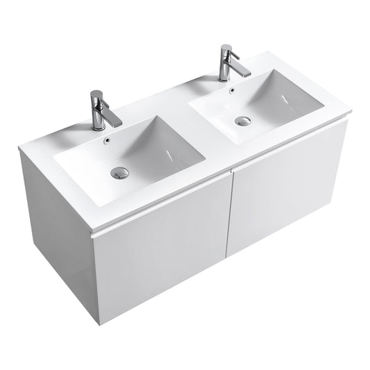 A modern white double sink bathroom vanity with wall mount design, featuring a glossy finish and undermount sinks.