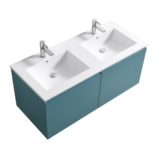 A modern wall mount bathroom vanity with teal green color, featuring two sinks and four drawers. The image shows the vanity without mirrors, faucets, or pop-up drains.