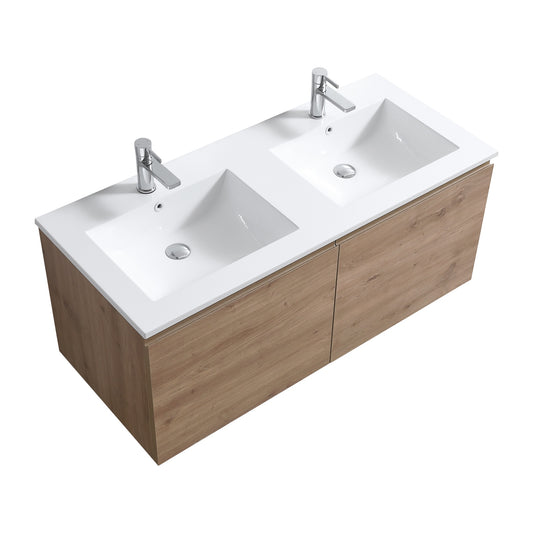 A modern wall mount bathroom vanity featuring a white oak finish with two sinks, four drawers, and no handles.