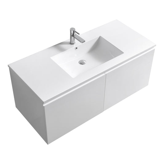 A modern white wall-mounted single sink bathroom vanity with a glossy finish, featuring two drawers and a reinforced acrylic composite sink with overflow.