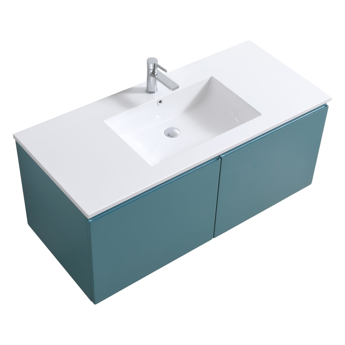 A modern wall mount bathroom vanity in teal green with a white acrylic composite sink and four drawers.