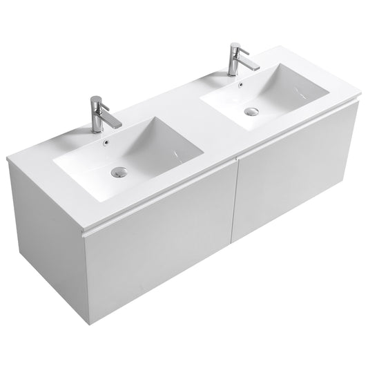 A modern white double sink bathroom vanity with wall mount design, featuring a glossy finish and four drawers.