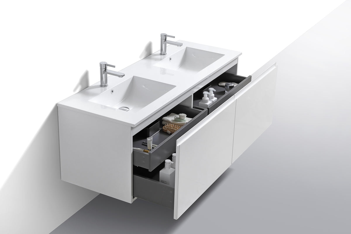 60'' Balli Double Sink Modern Wall Mount Bathroom Vanity Gloss White