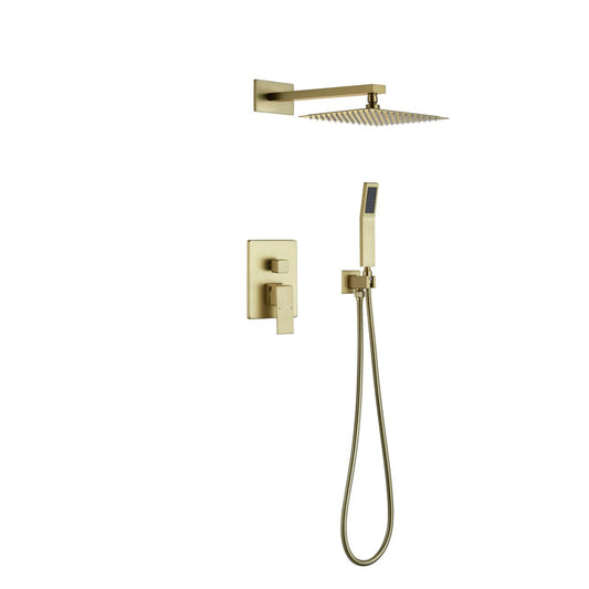 Aqua Piazza Brushed Gold Brass Shower Set w/ 8" Square Rain Shower and Handheld