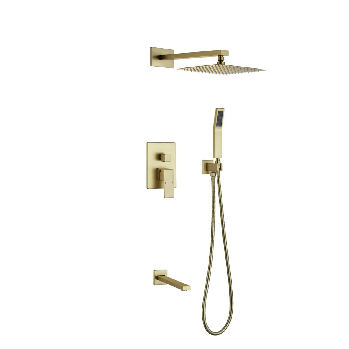 Aqua Piazza Brushed Gold Brass Shower Set w/ 8" Square Rain Shower,  Tub Filler and Handheld