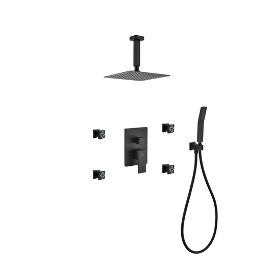Aqua Piazza Black Shower Set w/ 8" Ceiling Mount Square Rain Shower, Handheld and 4 Body Jets