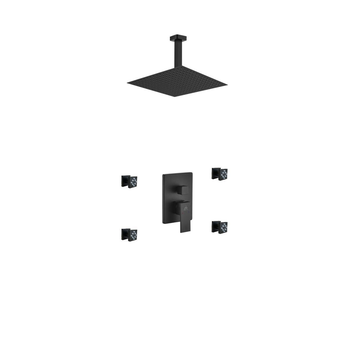 Aqua Piazza Black Shower Set w/ 12" Ceiling Mount Square Rain Shower and 4 Body Jets