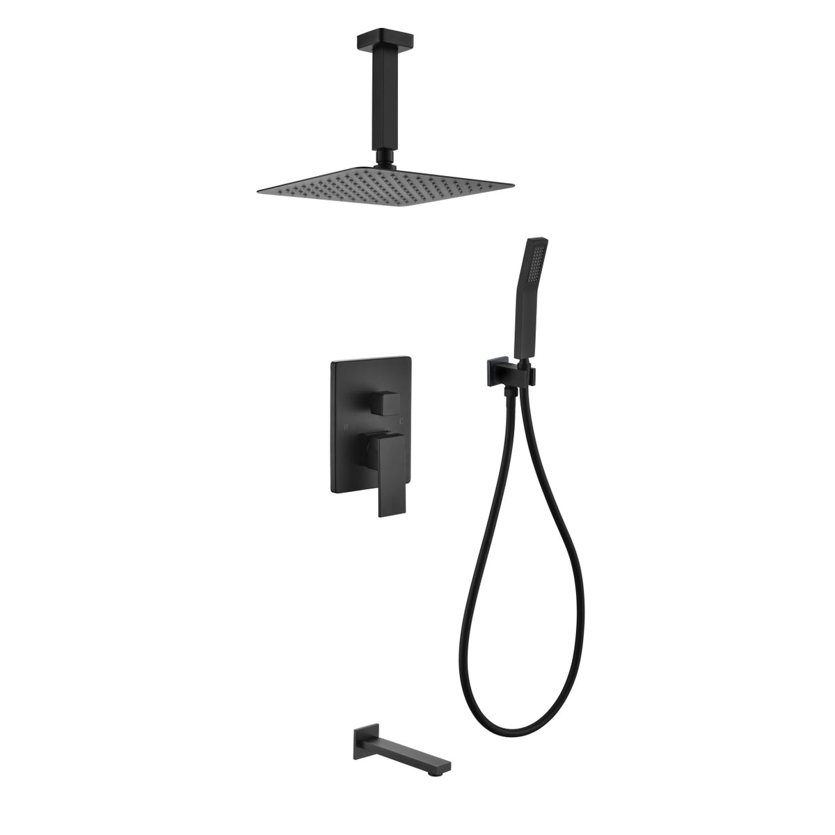 Aqua Piazza Black Shower Set w/ 12" Ceiling Mount Square Rain Shower, Handheld and Tub Filler