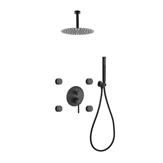 Aqua RONDO Black Brass Shower Set w/ 12" Round Rain Shower,  4 Body Jets and Handheld
