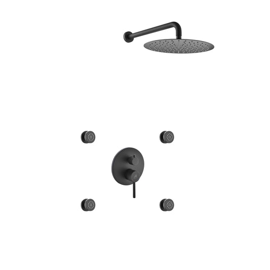 Aqua RONDO Black Brass Shower Set w/ 12" Round Rain Shower and 4 Body Jets