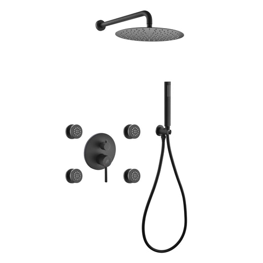 Aqua RONDO Black Brass Shower Set w/ 8" Round Rain Shower,  4 Body Jets and Handheld