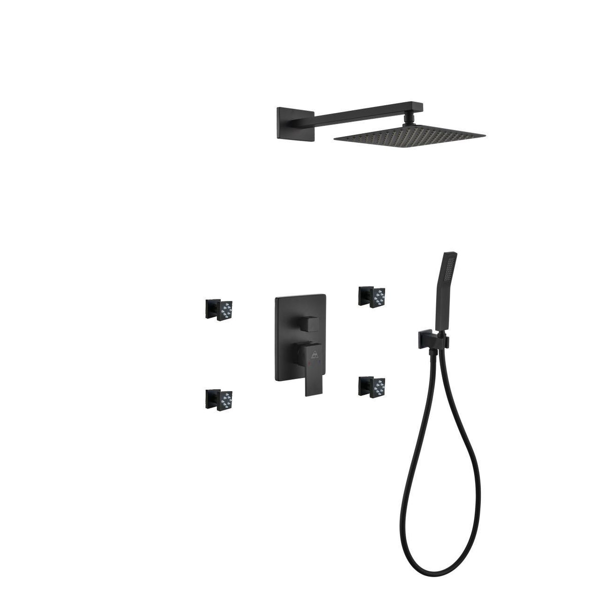 Aqua Piazza Black Brass Shower Set w/ 8" Square Rain Shower,  4 Body Jets and Handheld