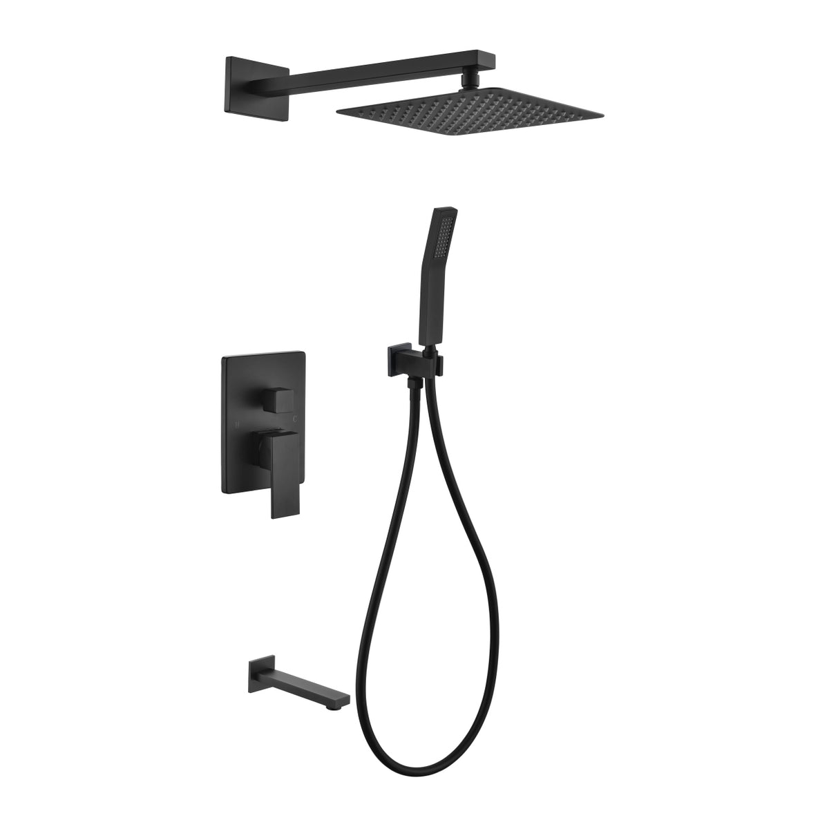 Aqua Piazza Black Shower Set w/ 8" Square Rain Shower,  Tub Filler and Handheld