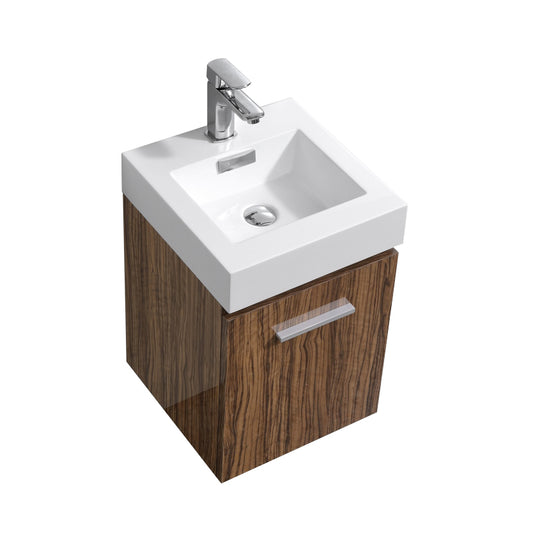 Modern wall mount bathroom vanity with a high glossy chestnut wood finish and integrated white acrylic composite sink. Includes aluminum handles and is sold without mirrors, faucets, or pop-drains.