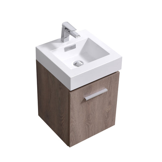 A modern wall mount bathroom vanity with butternut wood finish and a white acrylic composite sink, featuring soft-closing hardware and an aluminum handle.