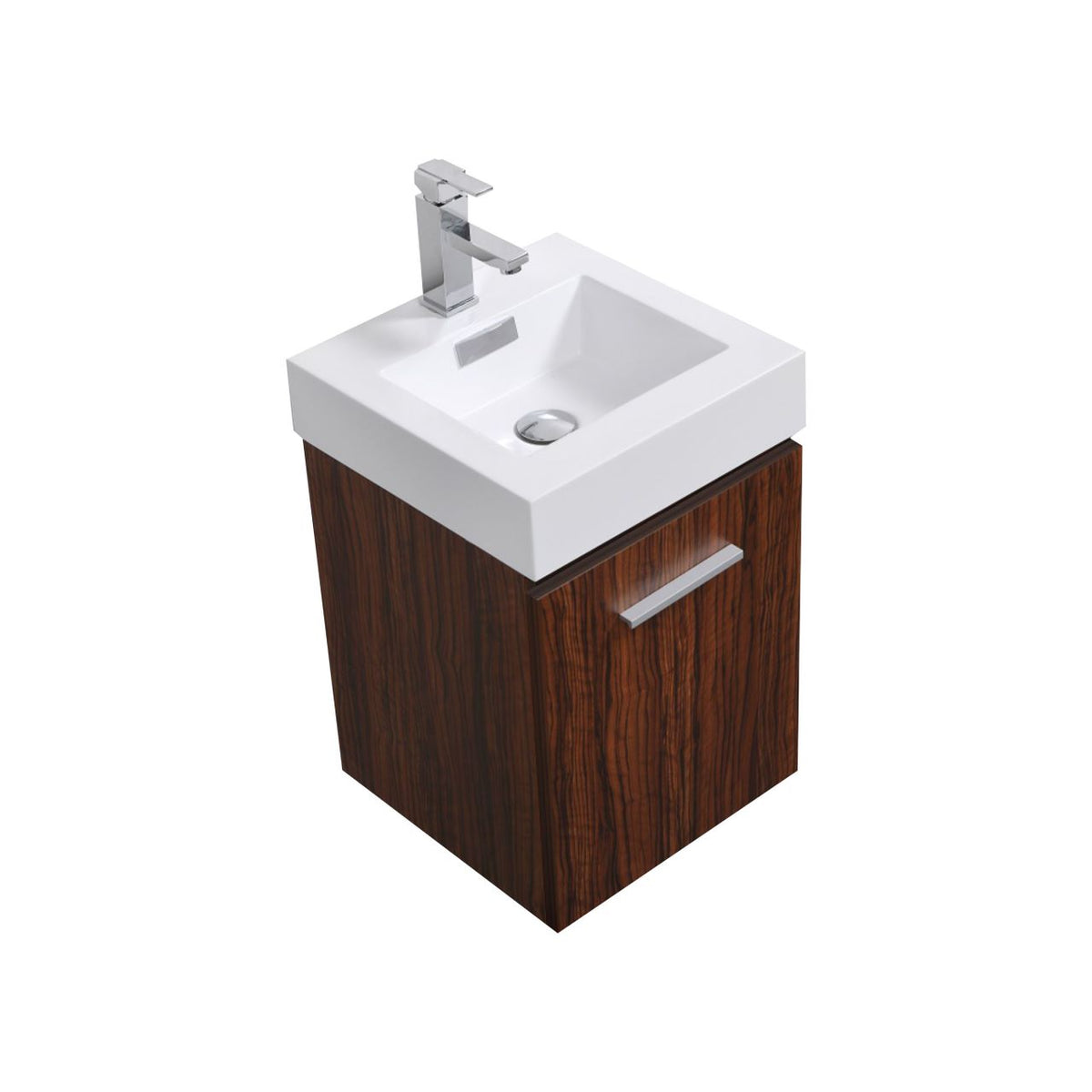 A modern wall mount bathroom vanity with a walnut finish and a white integrated sink, featuring a single aluminum handle and a faucet.