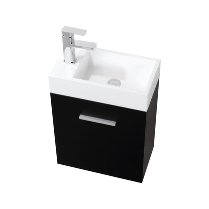 A modern black wall mount bathroom vanity with a white integrated sink and silver faucet, including one door cabinet with a handle.