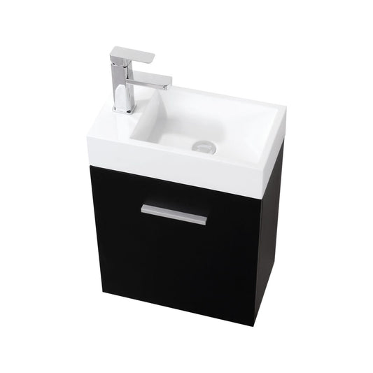A modern black wall mount bathroom vanity with a white integrated sink and silver faucet, including one door cabinet with a handle.