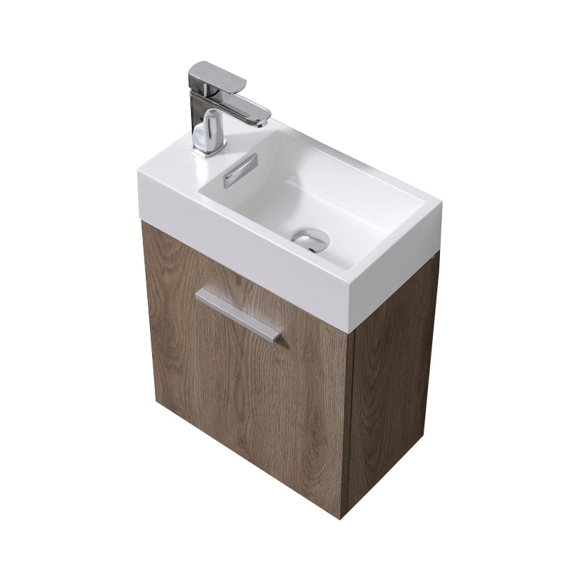 A modern wall-mounted bathroom vanity with butternut wood finish and a white acrylic composite sink, featuring European soft-closing hardware and an aluminum handle.