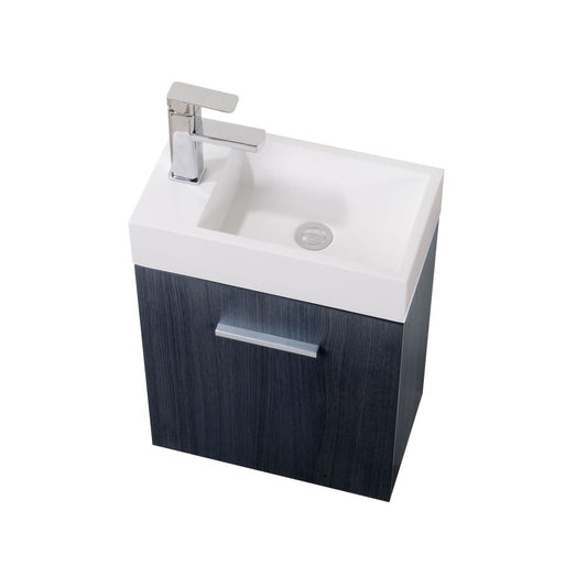 A modern wall-mounted bathroom vanity with gray oak finish and a white integrated sink, featuring a single aluminum handle and soft-closing hardware.