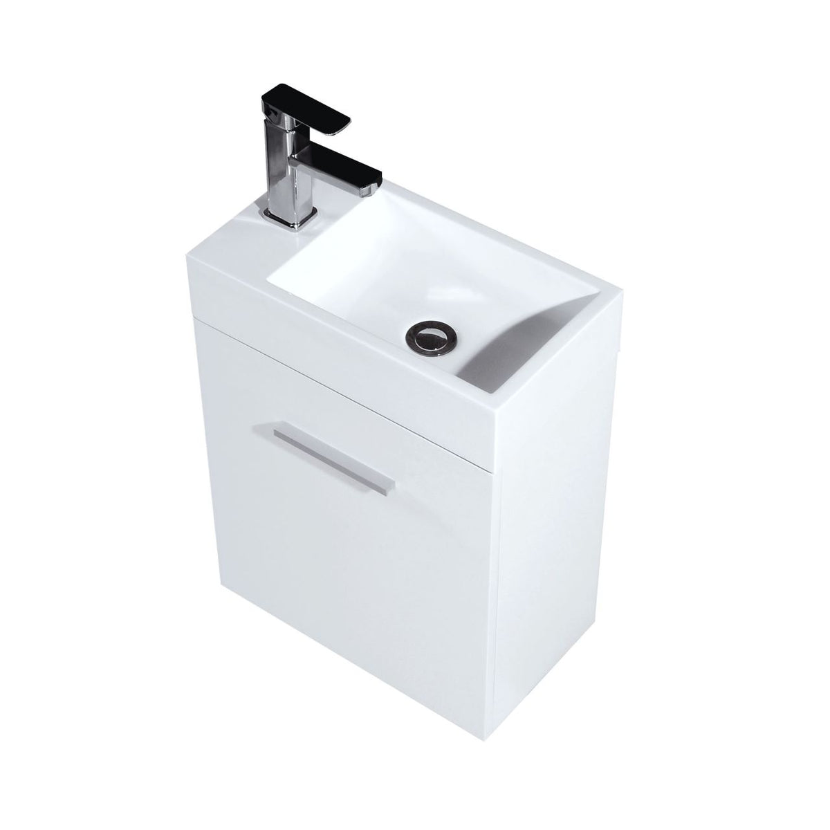 A modern white gloss wall-mounted bathroom vanity with a single sink and a faucet, depicted without mirrors or additional accessories.