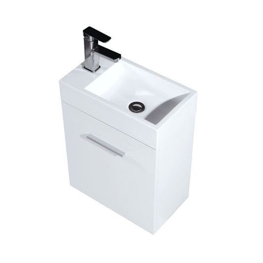 A modern white gloss wall-mounted bathroom vanity with a single sink and a faucet, depicted without mirrors or additional accessories.