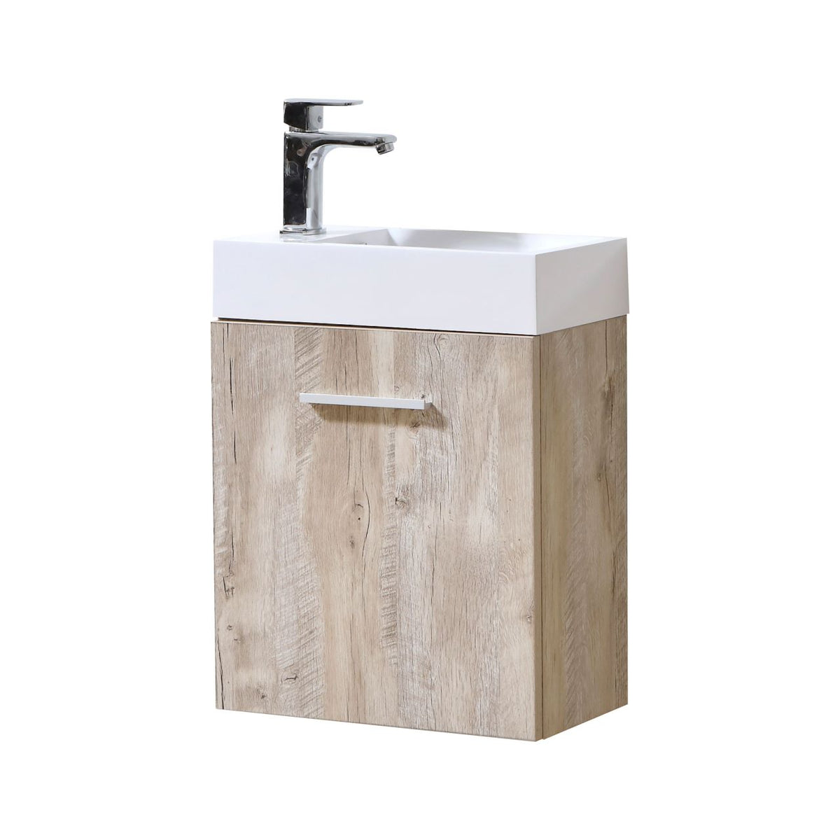 A modern wall-mounted bathroom vanity with a nature wood finish and white integrated sink, featuring European soft-closing hardware and an aluminum handle.