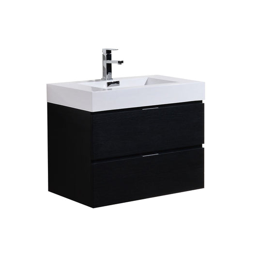 A black wall-mounted modern bathroom vanity with a white acrylic sink, two drawers, and chrome faucet.