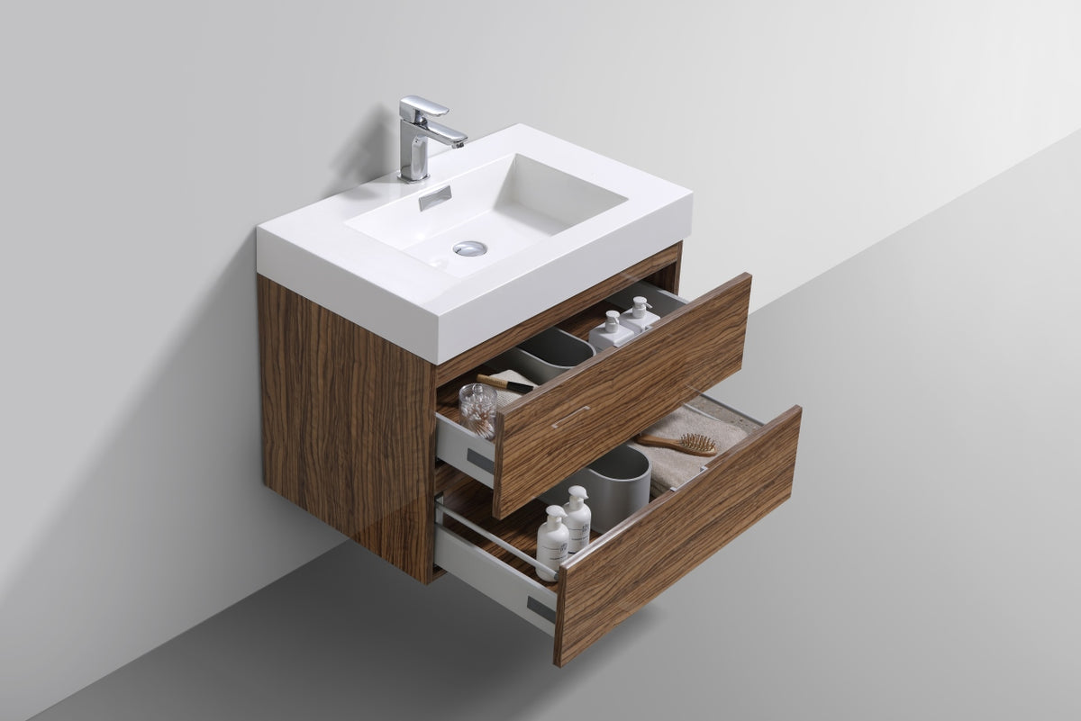 Bliss 30" High Glossy Chestnut Wood Mount Modern Bathroom Vanity
