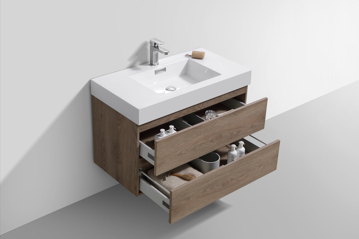 Bliss 36" Butternut Wood Wall Mount Modern Bathroom Vanity